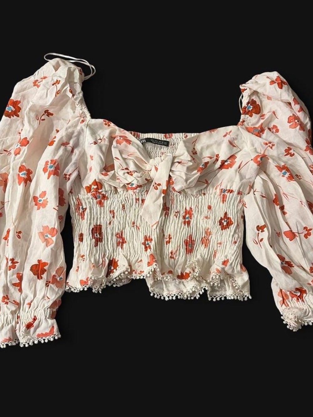 Zara White Cropped Smocked Top with Orange Floral Print
